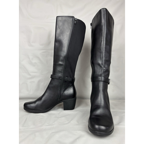 Clarks Unstructured Tall Leather Heeled Boots Womens 10M Black Stretch - Picture 1 of 12